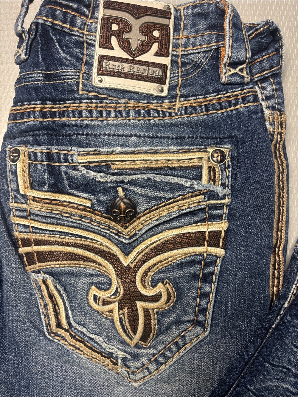 Rock Revival Mens Blue Embroidered Pocket Jeans Slim Boot 31/32-Satellite
